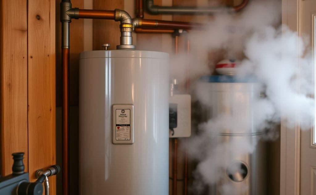 Water heater with pipes and steam in a cozy home