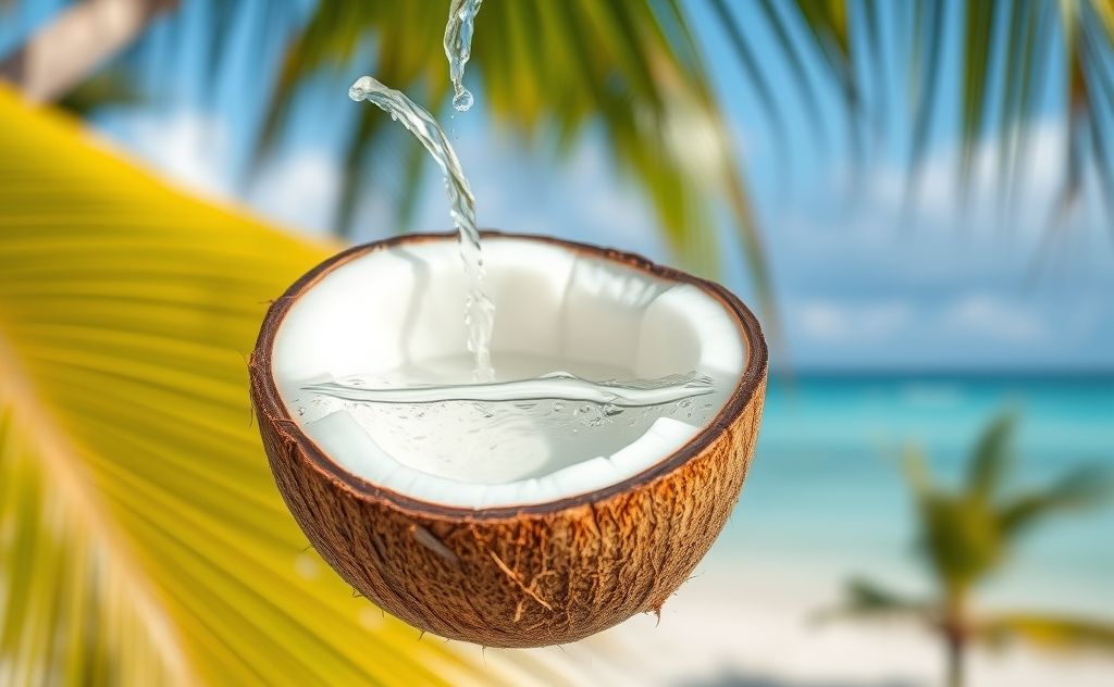 Water inside a coconut with a tropical background