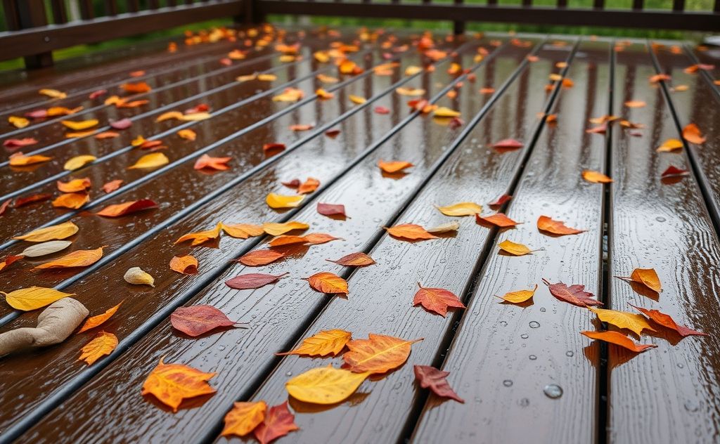 Wet wooden deck with leaves and water droplets after rain.