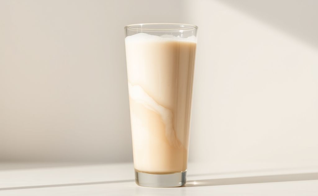 Whey protein and soy milk shake in a glass