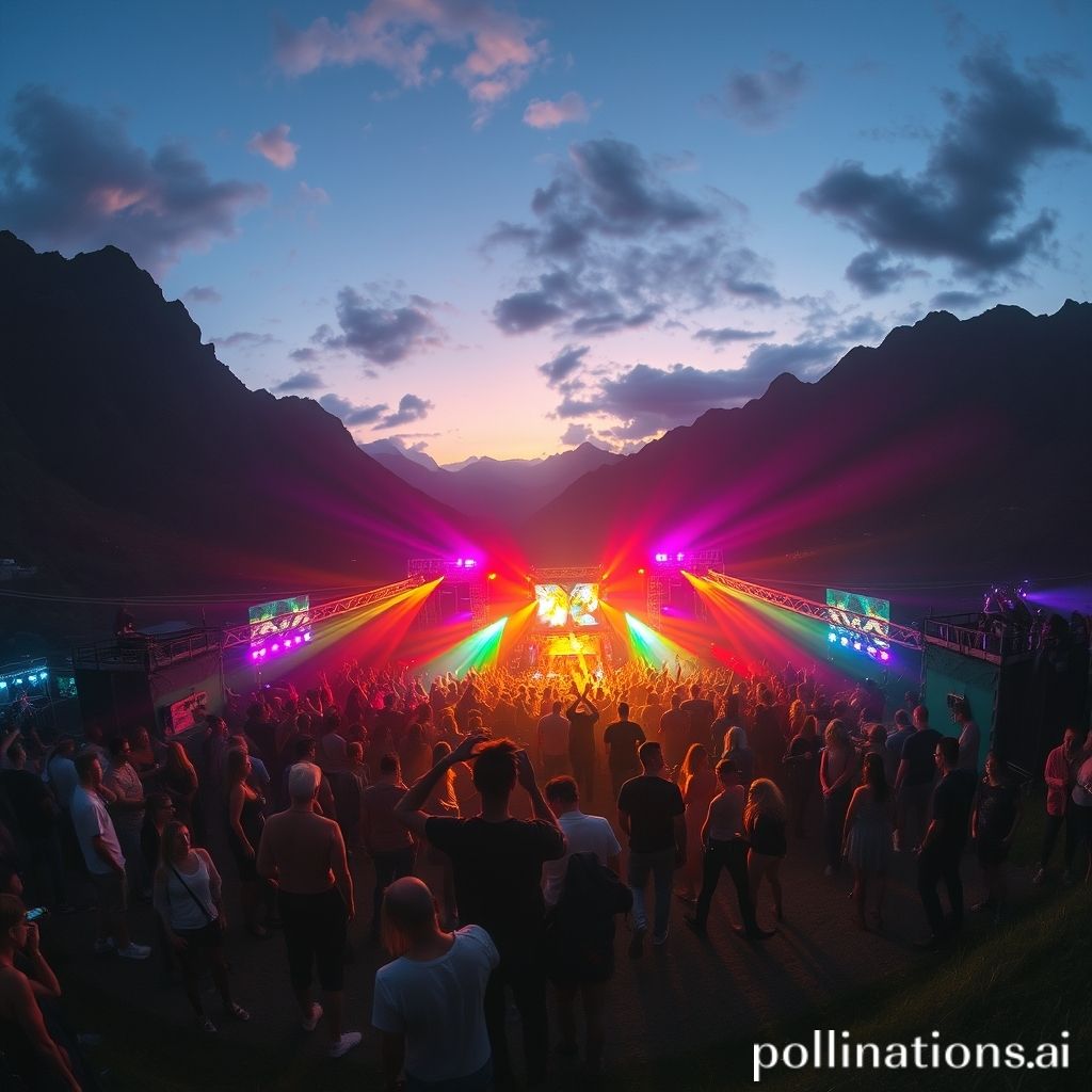 Electronic music rave in a mountain valley at dusk