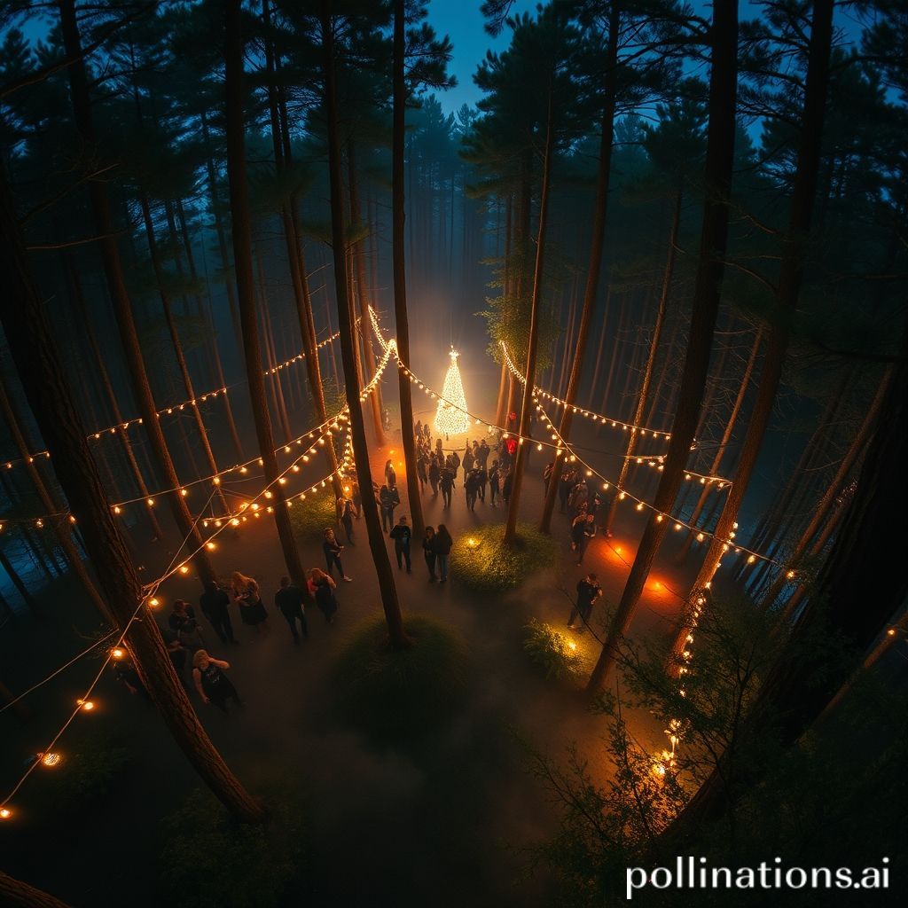 Aerial view of forest party with magical lighting