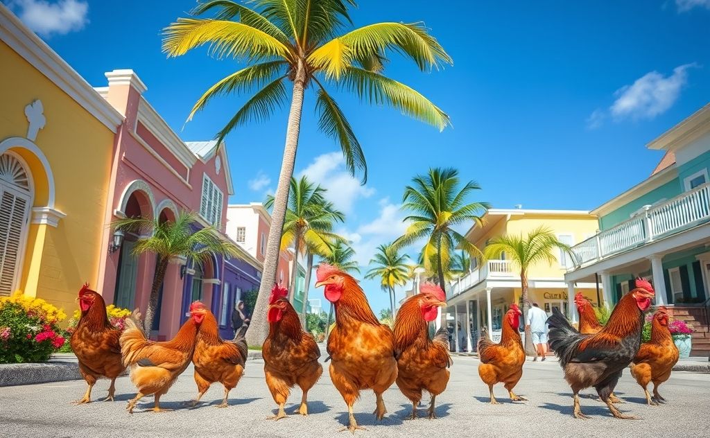 Wild chickens roam freely in Key West's vibrant streets
