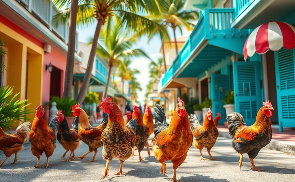 Wild chickens roam freely in vibrant Key West