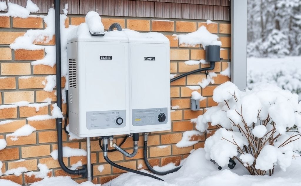 Winter tankless water heater outside snow cold