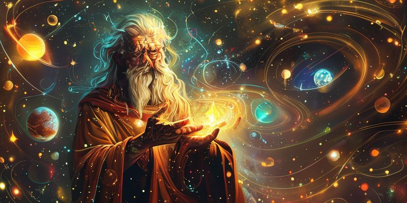 Elinde parlak bir yıldız tutan bilge bir figür, etrafında dönen gezegenler ve sembolik enerjiler