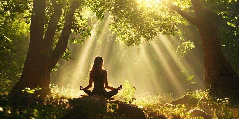 Huzurlu bir doğa ortamında meditasyon yapan kadın