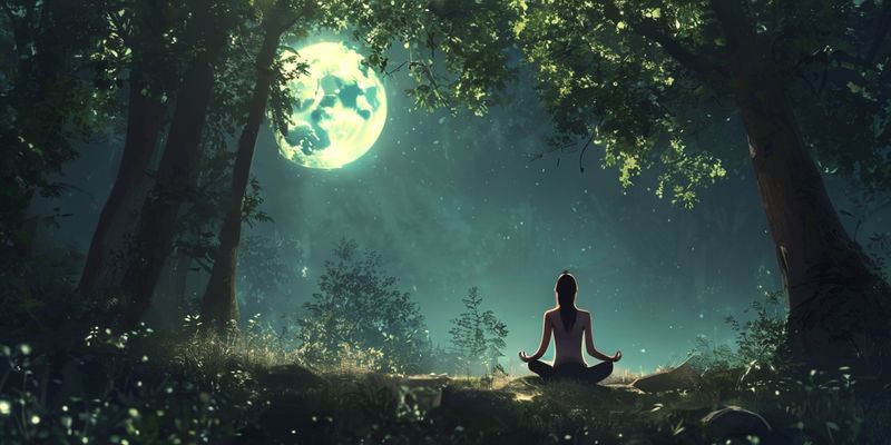 Woman meditating under the moonlight in a peaceful forest