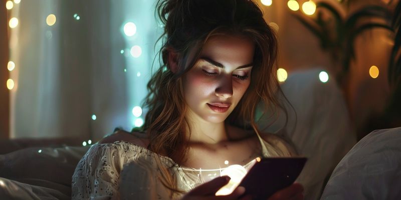 Telefonunda dijital burç yorumunu okuyan bir kadın, sakin ve düşünceli bir ifadeyle