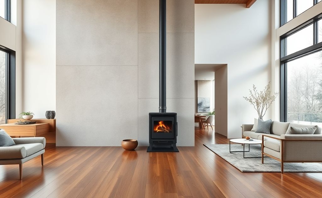Wood stove blending with modern home design