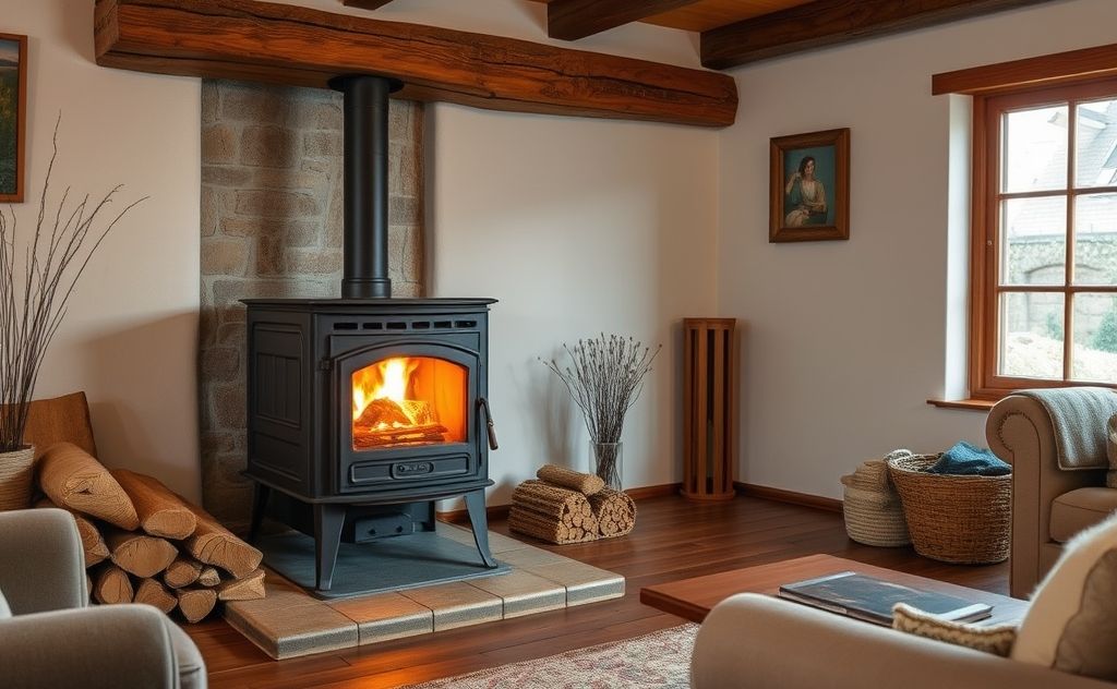 Wood stove warming up in a cozy living room