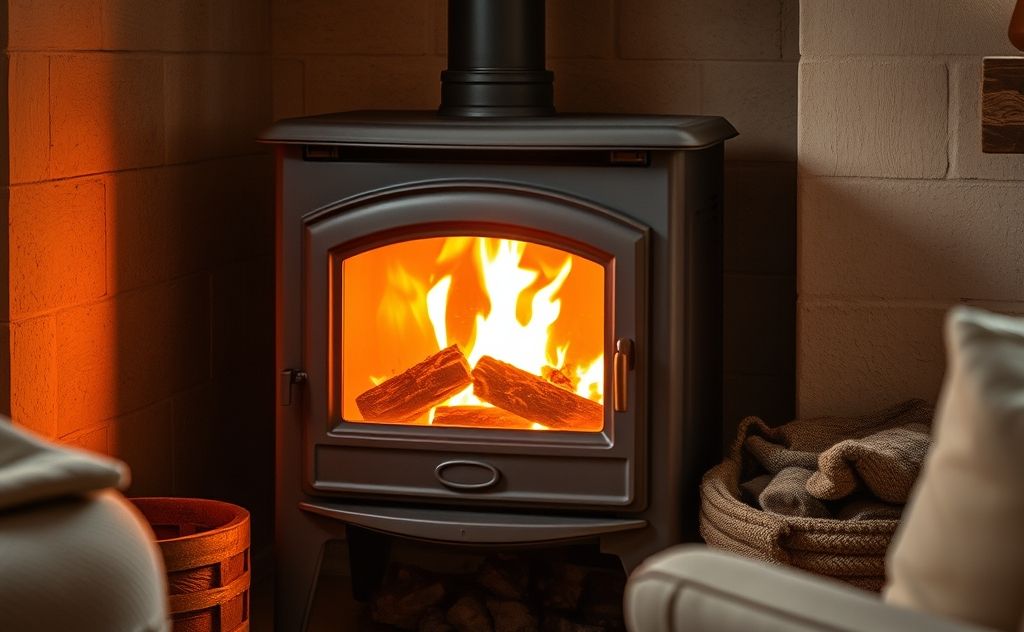 Wood stove with flames and smoke in a cozy setting