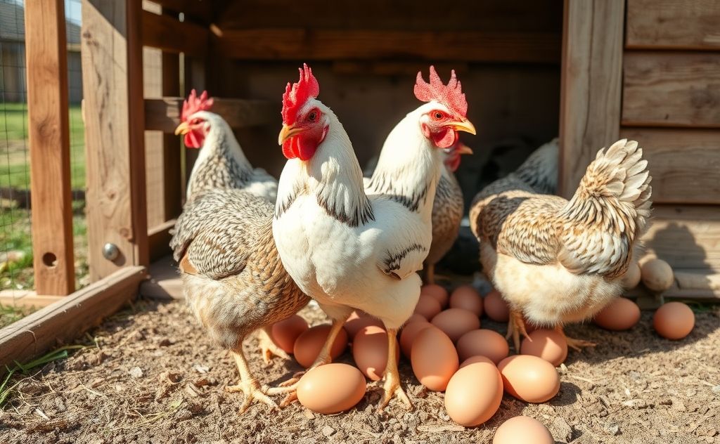 Wyandotte chickens laying eggs in a sunny coop