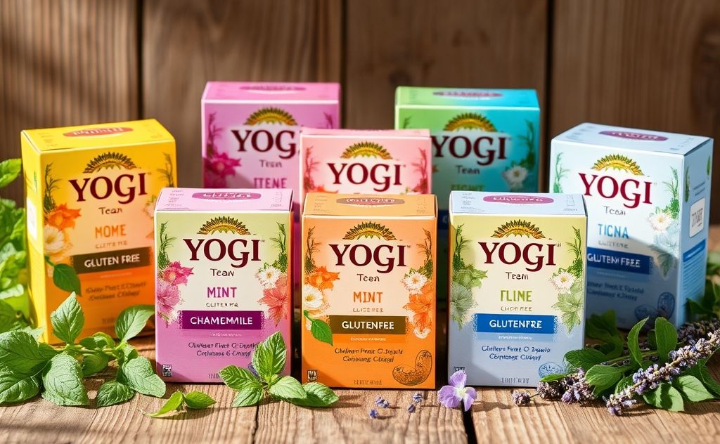 Yogi Tea boxes with gluten-free labels and herbs