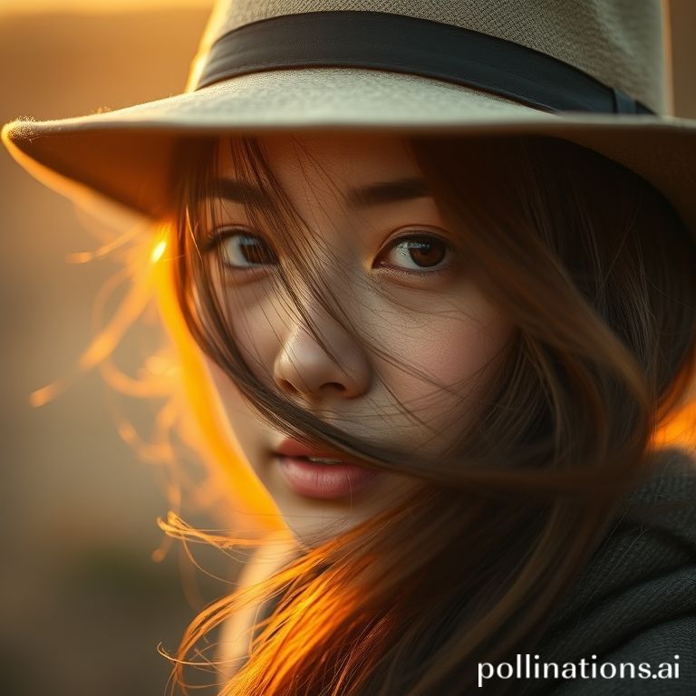ZOZ_XIESHI

The image depicts a close-up of a persons face

partially obscured by flowing hair. The individual appears to be wearing a hat

and the lighting suggests a warm

possibly sunset or sunrise ambiance. The background is blurred

creating a soft

dreamy effect. The focus is on the persons face

with a gentle

contemplative expression. The image has a serene and introspective quality

with a warm color palette dominated by golden hues.