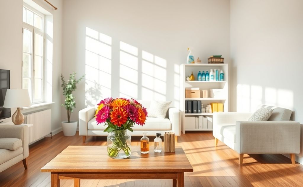 a bright and organized living room with fresh flowers and cleaning supplies