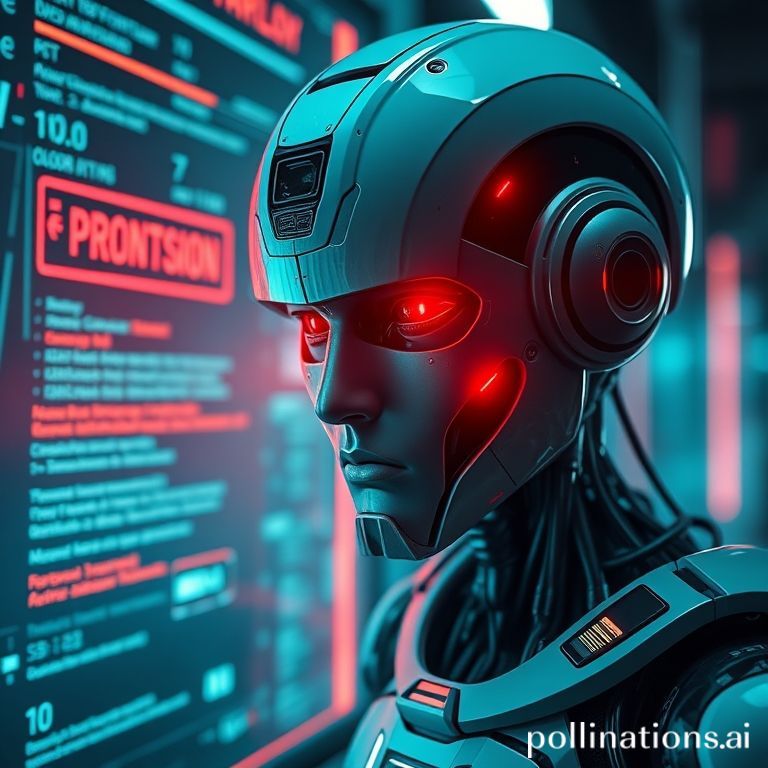 A frustrated android stares at a screen filled with cryptic error codes and glitched data streams, symbolizing AI limitations.