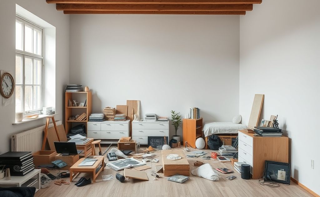 a cluttered minimalist room with items scattered around