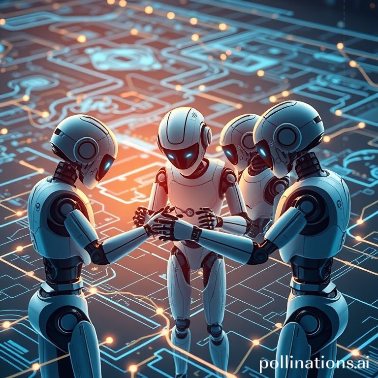 A team of futuristic robots collaborating on a complex blueprint.