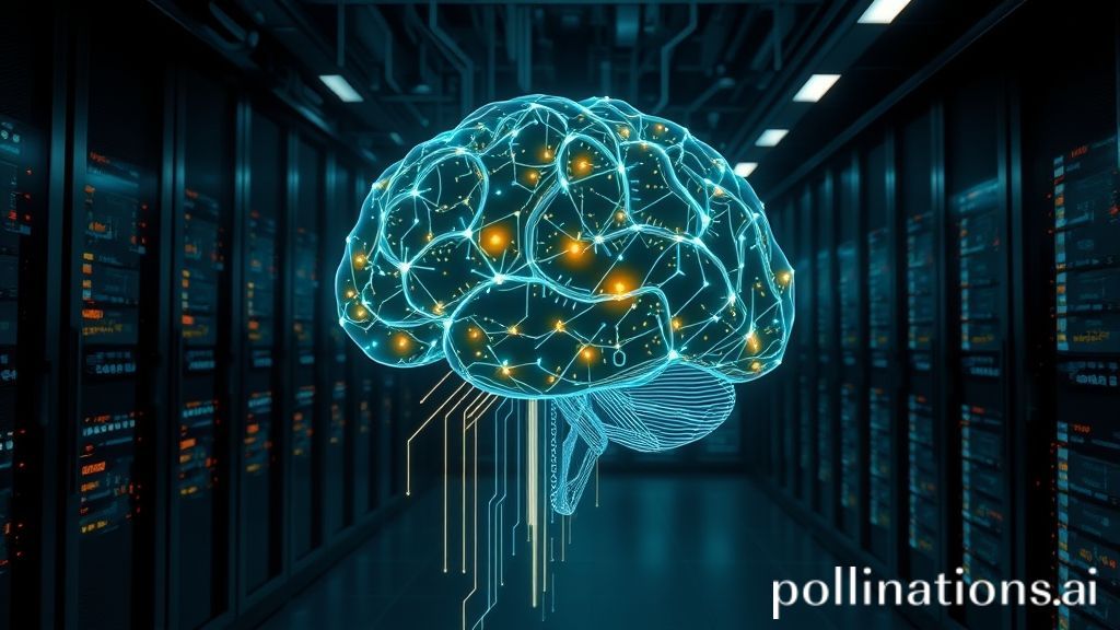 A glowing digital brain made of circuits and data streams, representing the core decision engine of an AI CEO.