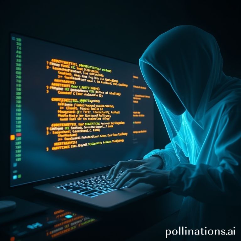 An ethereal AI assistant generating lines of code on a futuristic computer screen.