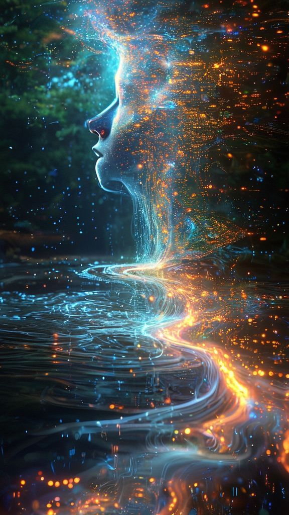 ภาพจิตวิญญาณมนุษย์หลอมรวมกับกระแสข้อมูลดิจิทัล