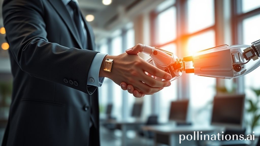 A human executive shaking hands with a holographic robot arm, symbolizing the Centaur CEO concept.