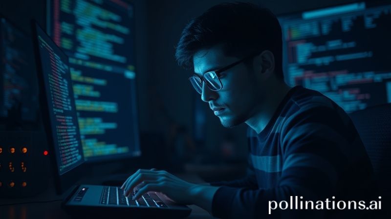 A developer carefully reviews code on a screen while an abstract AI entity floats nearby, symbolizing the need for human oversight.