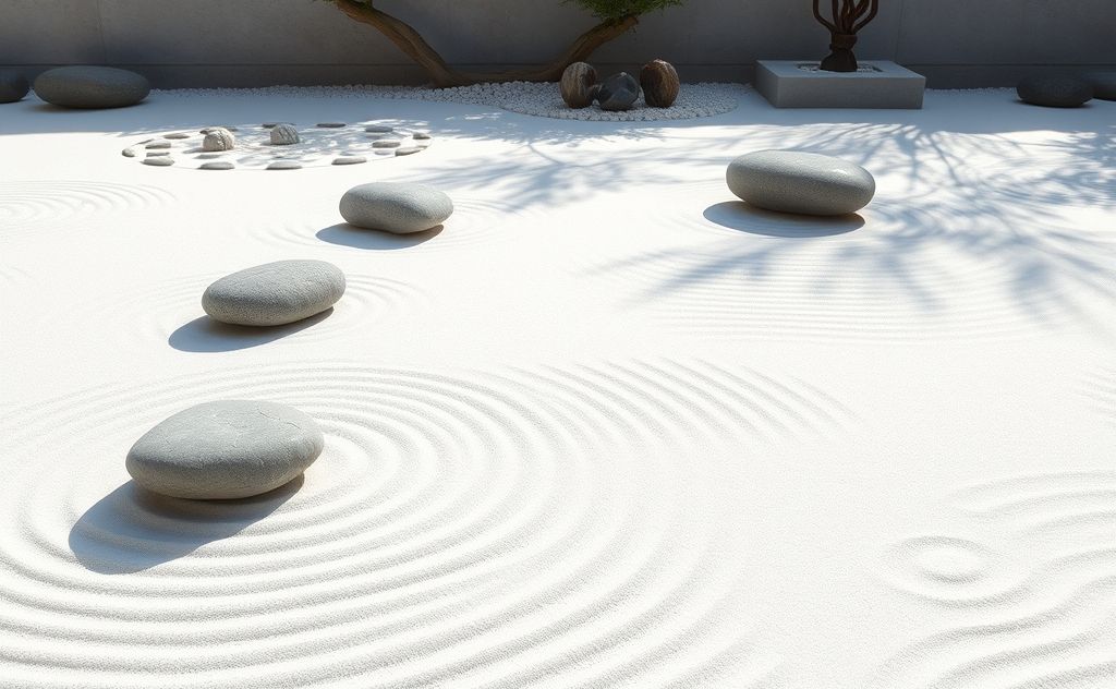a minimalist zen garden with smooth stones and raked sand patterns