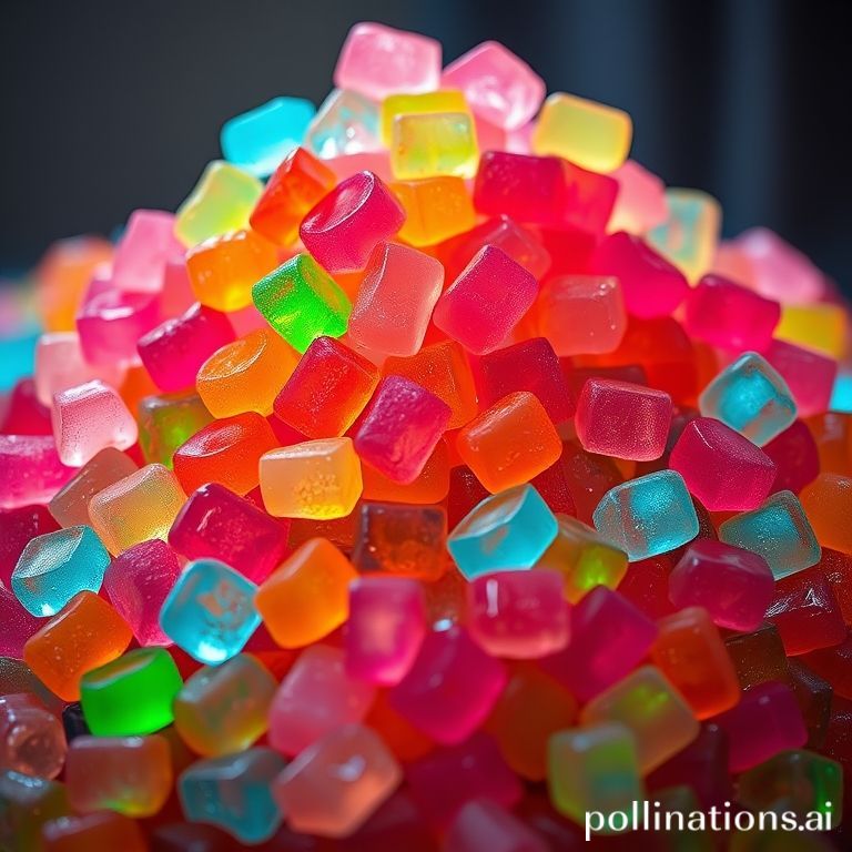 A vibrant, colorful pile of assorted sour gummy candies.
