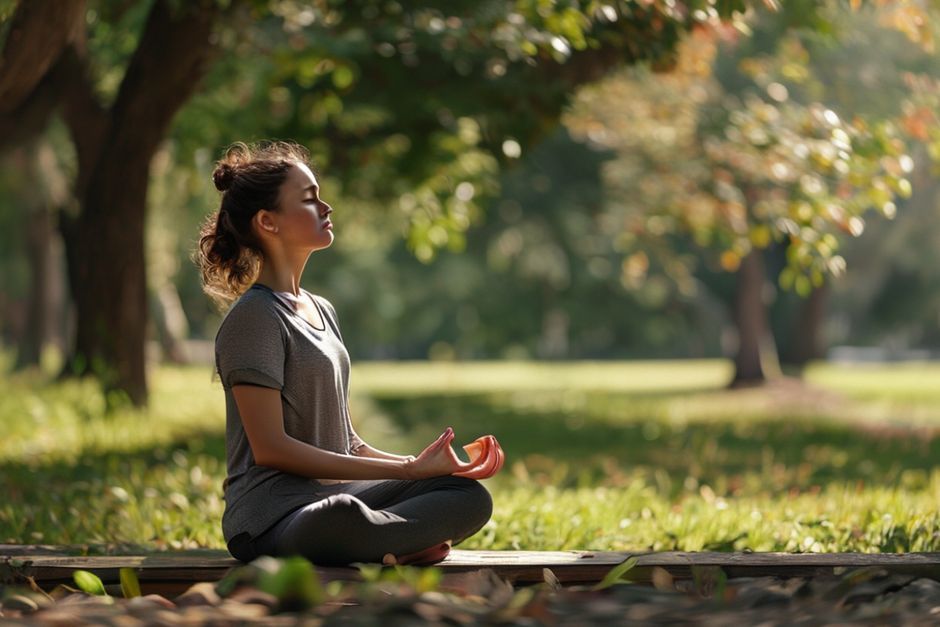 A person practicing meditation in a park during their lunch break, sitting on a bench with eyes closed