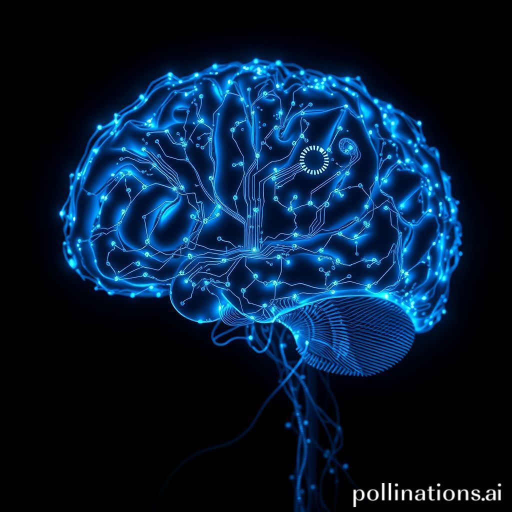 A human brain made of glowing blue circuit boards, symbolizing the mechanics of artificial intelligence.