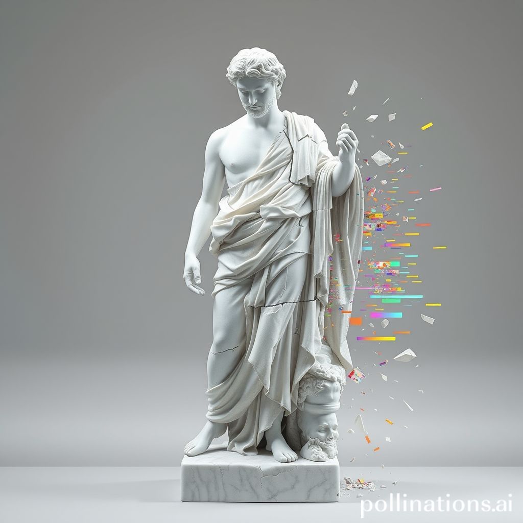 A classical statue with digital glitches, symbolizing the brittleness and limitations of current AI.