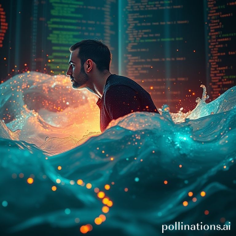 A developer looking overwhelmed by a giant wave of digital information, representing information overload.