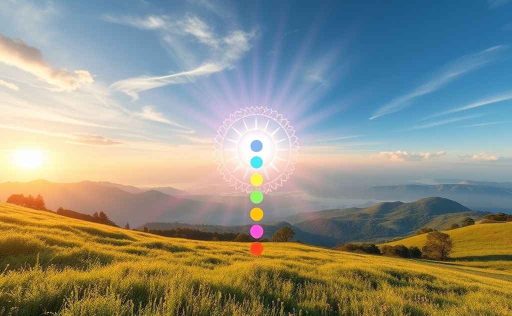 a serene landscape with vibrant chakra symbols radiating energy