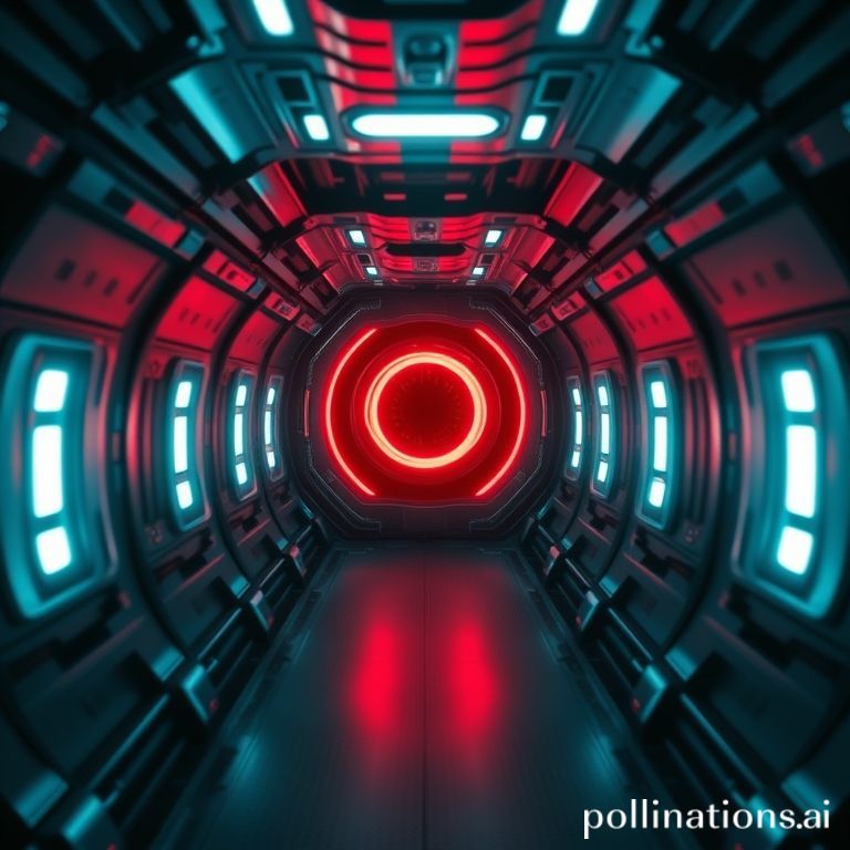 A single glowing red AI camera lens on a spaceship, evoking the image of HAL 9000 and the ethical questions of AI.