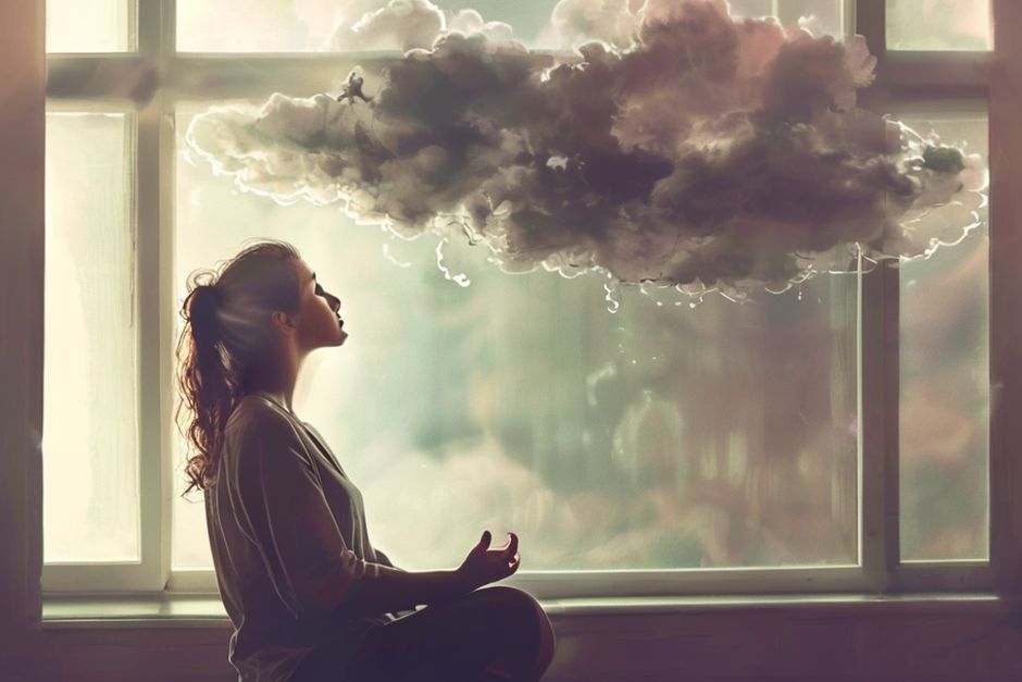 在窗边练习正念的女性