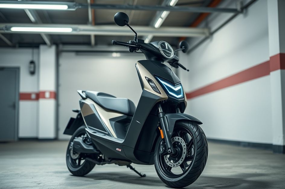 A clean, modern electric scooter or motorcycle is parked in a well-lit garage. The focus is on the battery compartment (perhaps with a visible battery pack or charging port). A hand (could be a user's or mechanic's) is gently holding a charger plug, ready to connect it, symbolizing battery care. The background is slightly blurred to keep the focus on the motorcycle and battery. The overall mood is futuristic and responsible.