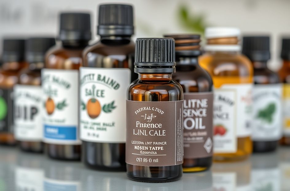 A close-up, high-quality image of various essential oil bottles with their labels, arranged neatly on a wooden surface. In the background, out of focus, show subtle elements like dried herbs or flowers. The lighting should be soft and natural, emphasizing both the natural origin and the potential seriousness of their concentrated form. Avoid showing any human hands or faces.