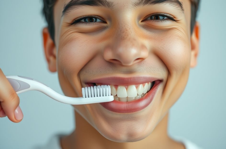 A close-up shot of a modern electric toothbrush in a clean, brightly lit bathroom, with a soft blur of a person's healthy, smiling mouth in the background, conveying freshness and dental care.