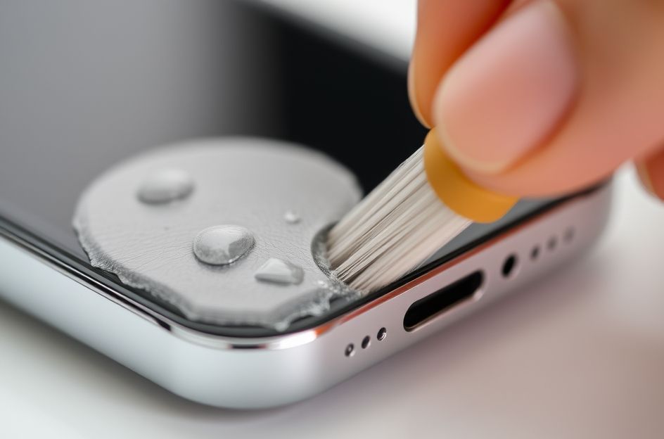 A close-up shot of a smartphone's charging port being cleaned gently with a small, soft brush or a wooden toothpick, illuminated by a gentle light. The background is slightly blurred, focusing on the intricate details of the port. The image should convey a sense of careful maintenance and problem-solving.