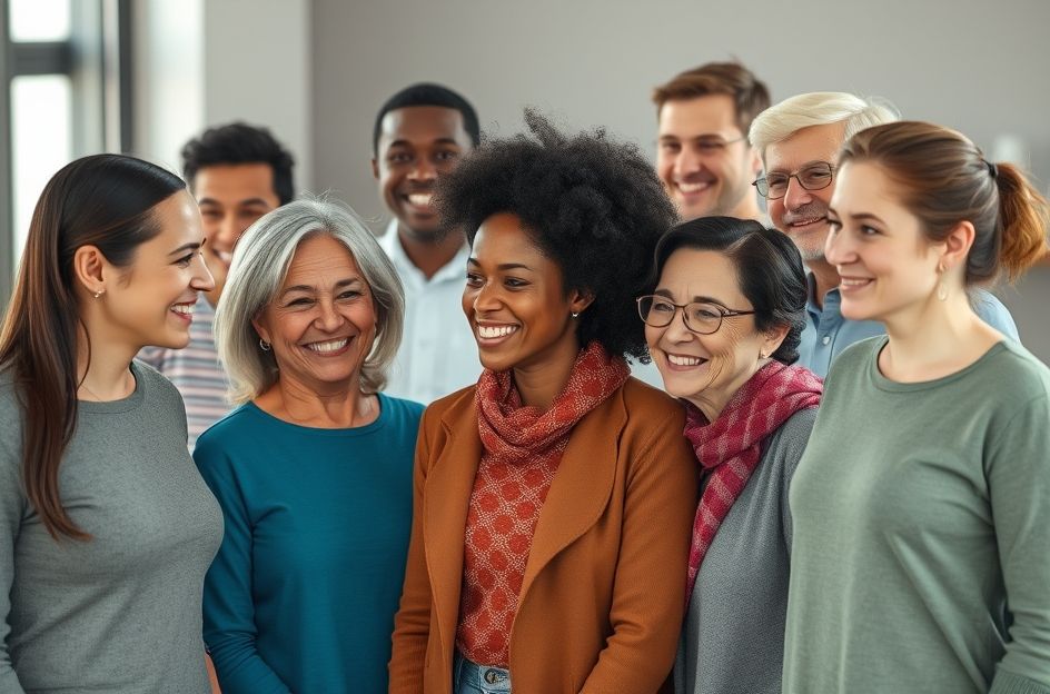 A diverse group of people of various ages and backgrounds shown in a supportive, empathetic setting. Some are in conversation, some are listening attentively, symbolizing mental health awareness and community support. The overall mood is hopeful and understanding, with soft, inviting colors. Could include subtle elements like a brain icon or a therapist's couch in the background, but primarily focusing on human connection and well-being.