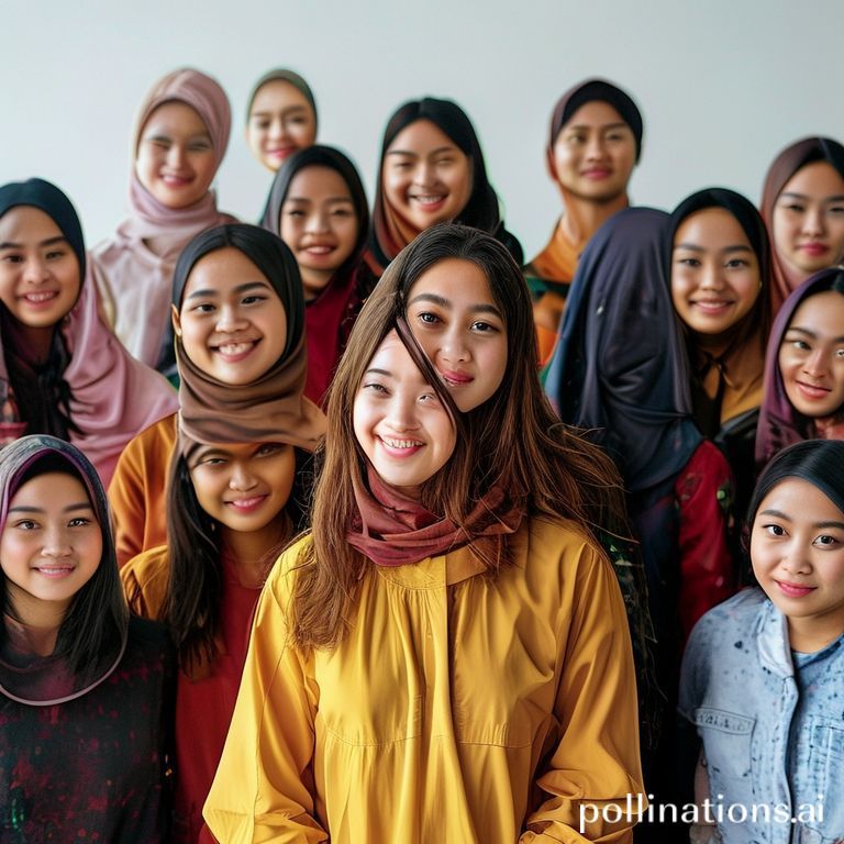 A diverse group of young Indonesian women, looking healthy and energetic, engaged in various productive activities like studying, working on laptops, and collaborative discussions. The background is bright and modern, subtly featuring elements symbolizing national development or traditional Indonesian patterns. The overall mood is positive, highlighting women's potential and productivity when free from health issues like anemia. The women should have a confident and empowered expression.