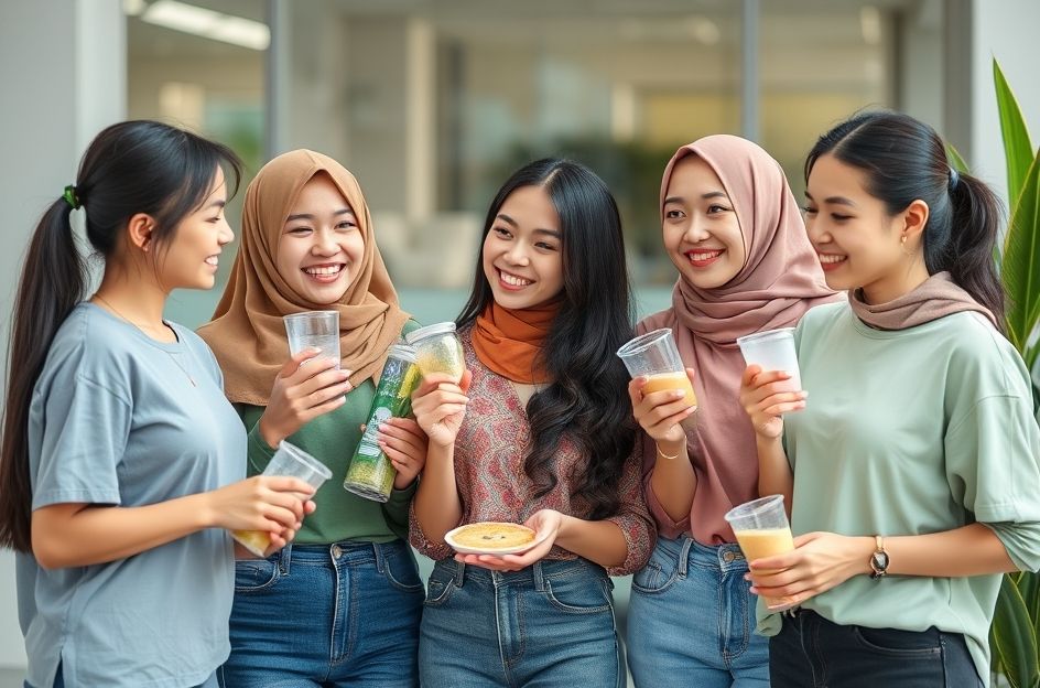 A diverse group of young Indonesian women, looking healthy and energetic, engaged in various productive activities like studying, working on laptops, and collaborative discussions. The background is bright and modern, subtly featuring elements symbolizing national development or traditional Indonesian patterns. The overall mood is positive, highlighting women's potential and productivity when free from health issues like anemia. The women should have a confident and empowered expression.