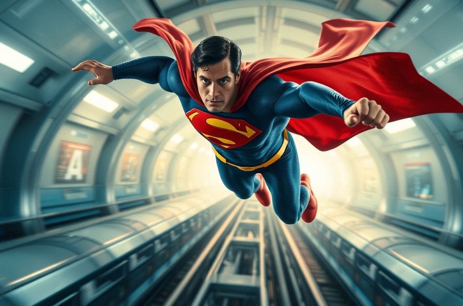 A dynamic image of Superman (portrayed by David Corenswet) flying heroically over a futuristic Metropolis city skyline at sunset. He is in his iconic pose, cape flowing behind him, with a subtle glow around him. In the foreground, a translucent digital overlay of the HBO Max logo and a graphic indicating '13 Million Viewers' or 'Record Broken' is visible, symbolizing his streaming success. The overall mood is triumphant and powerful.