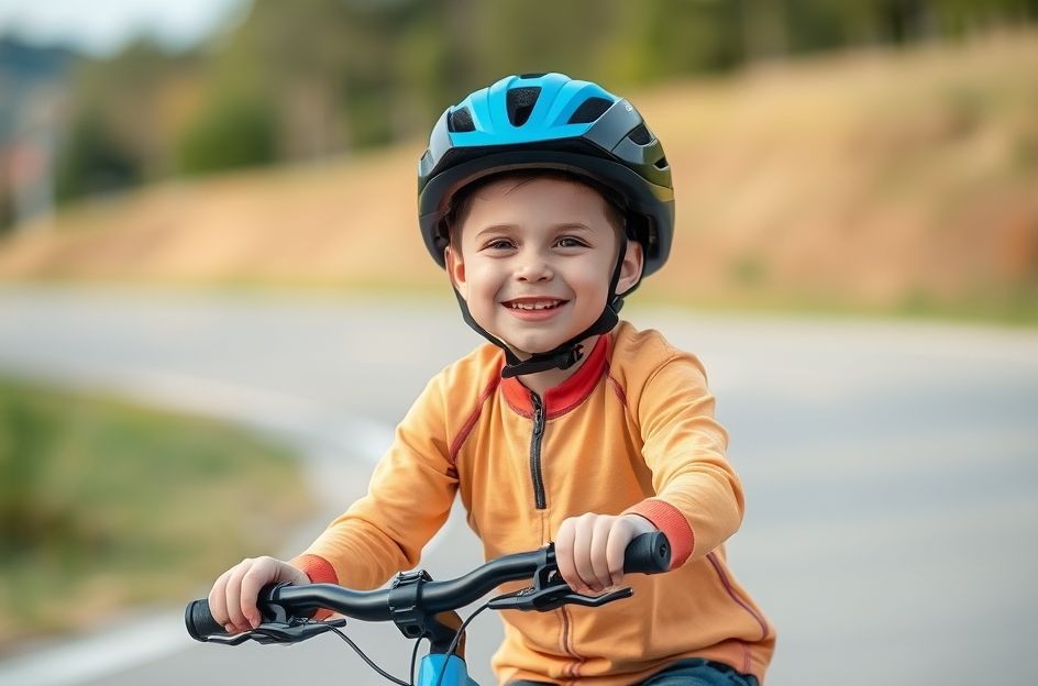A happy child, approximately 5-7 years old, wearing a helmet and bright cycling gear, riding a perfectly sized bicycle with a big smile on a sunny park path. Parents are subtly in the background, looking on proudly. The bicycle should look modern, sturdy, and appropriate for a child, with good safety features visible. The overall scene conveys joy, safety, and healthy outdoor activity.