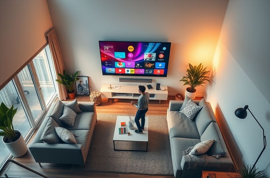 A high-angle shot of a living room with a large smart TV displaying a vibrant interface. A person is sitting on a sofa, casually talking towards the TV. A subtle, glowing AI interface element is visible on the TV screen, suggesting interaction. The overall mood is modern, cozy, and futuristic.
