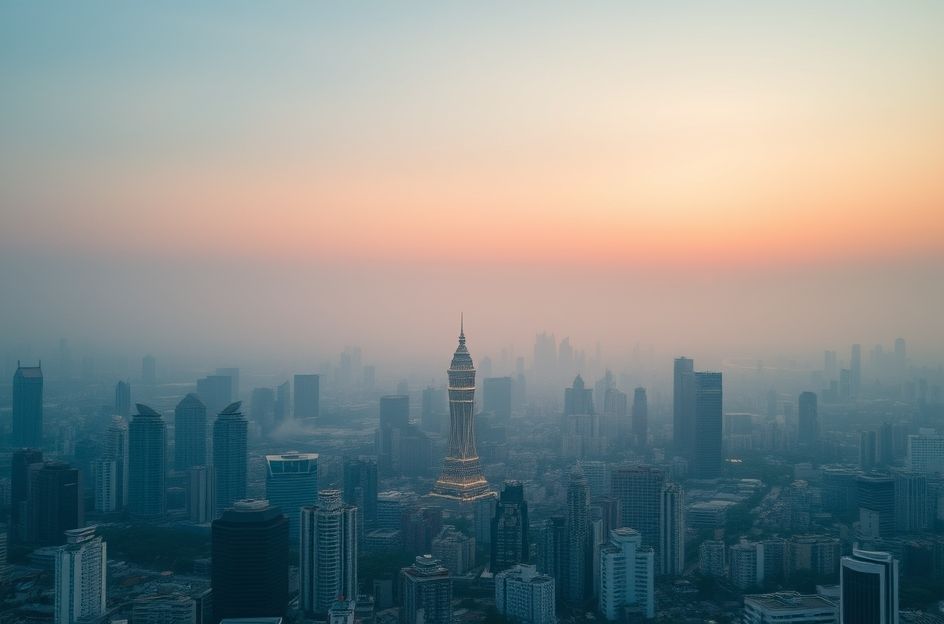 A high-angle shot of Jakarta's cityscape at dawn, with a visible haze of smog obscuring the distant skyscrapers. In the foreground, people are seen walking on a busy street, some wearing masks. A modern digital billboard (videotron) in the background displays a public service announcement about air quality. In a subtle corner, a water mist sprayer can be seen in action. The overall mood is slightly somber but with a hint of urban resilience.