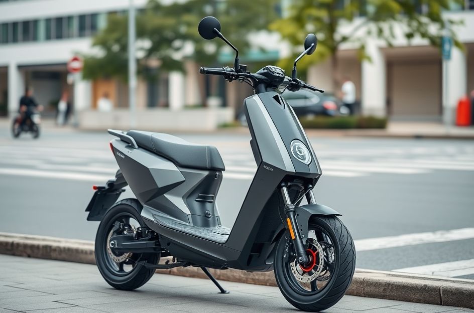 A modern electric scooter with a sleek design, parked in an urban setting. The scooter's battery compartment is subtly highlighted with a glow, visually representing the battery rental concept. The background features a blurred city street with a charging station in the distance, indicating its use in daily commuting. The overall mood is futuristic and eco-friendly.