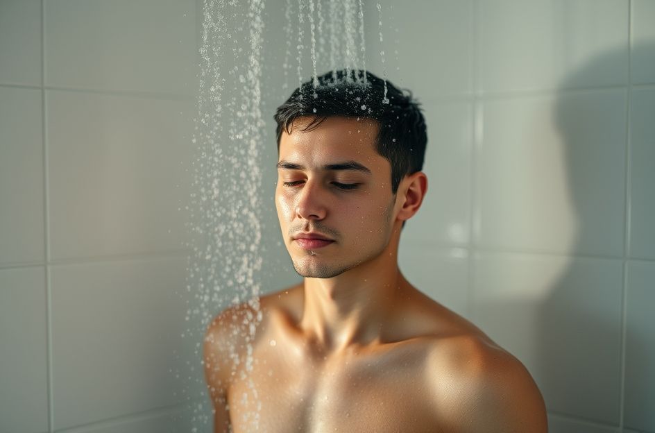 A person showering under warm water, with steam subtly rising. The person looks relaxed but the water temperature should not appear excessively hot. Focus on a clear shower head and gentle water flow. The background is a clean, modern bathroom.